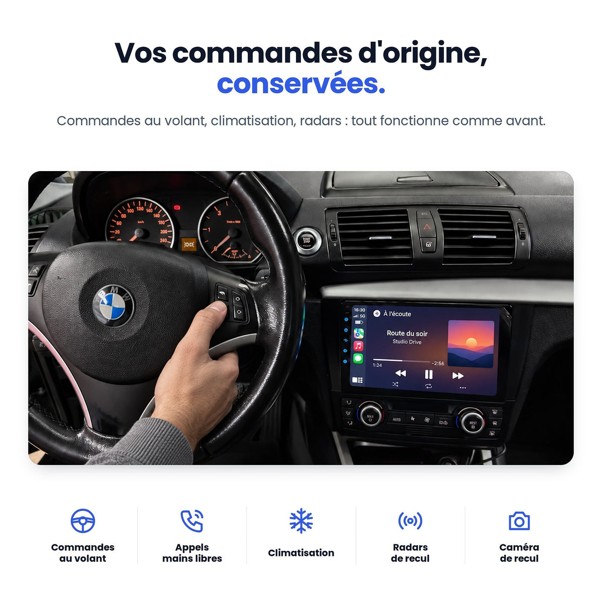 BMW Série 1 : commandes au volant, climatisation et radars d'origine conservés