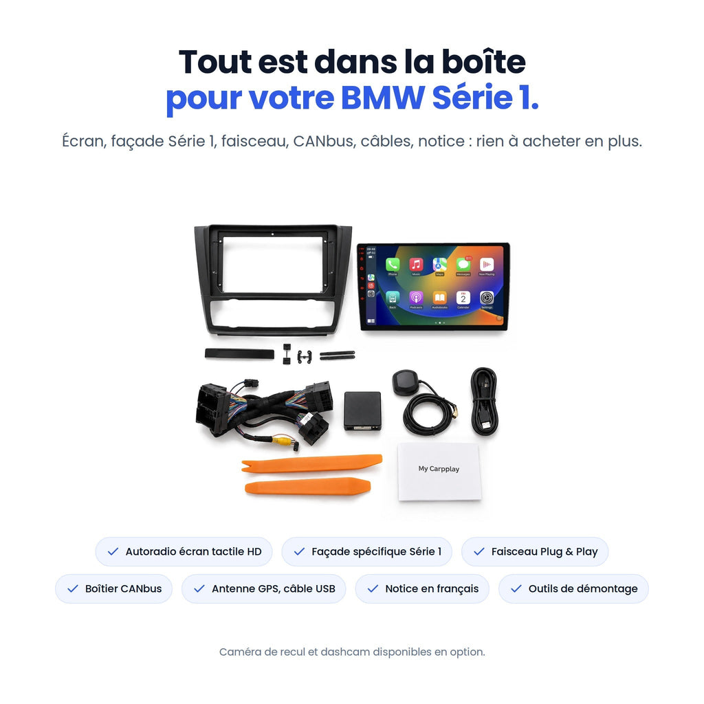 Contenu du kit CarPlay BMW Série 1 : écran, façade, faisceau, boîtier CANbus, antenne GPS, outils