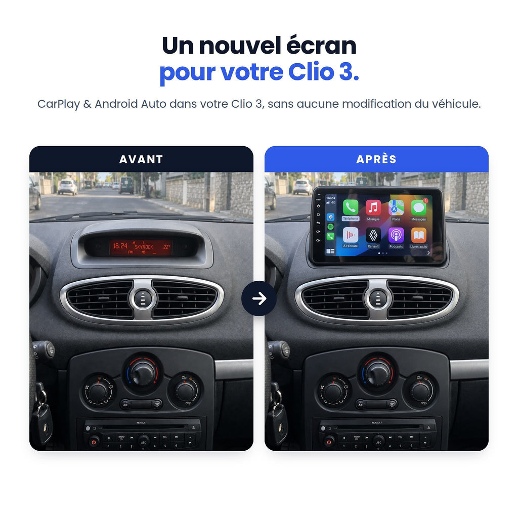 Renault Clio 3 avant / après : afficheur d'origine remplacé par un écran CarPlay et Android Auto