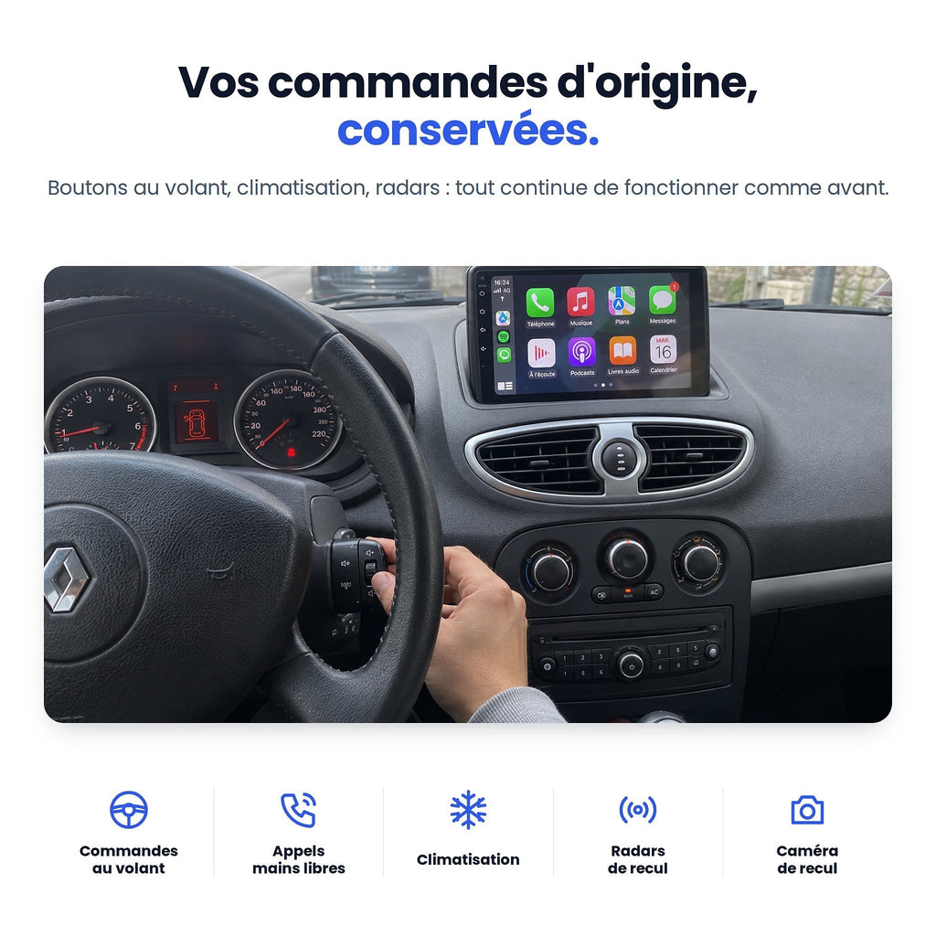 Renault Clio 3 : commandes au volant, climatisation et radars d'origine conservés