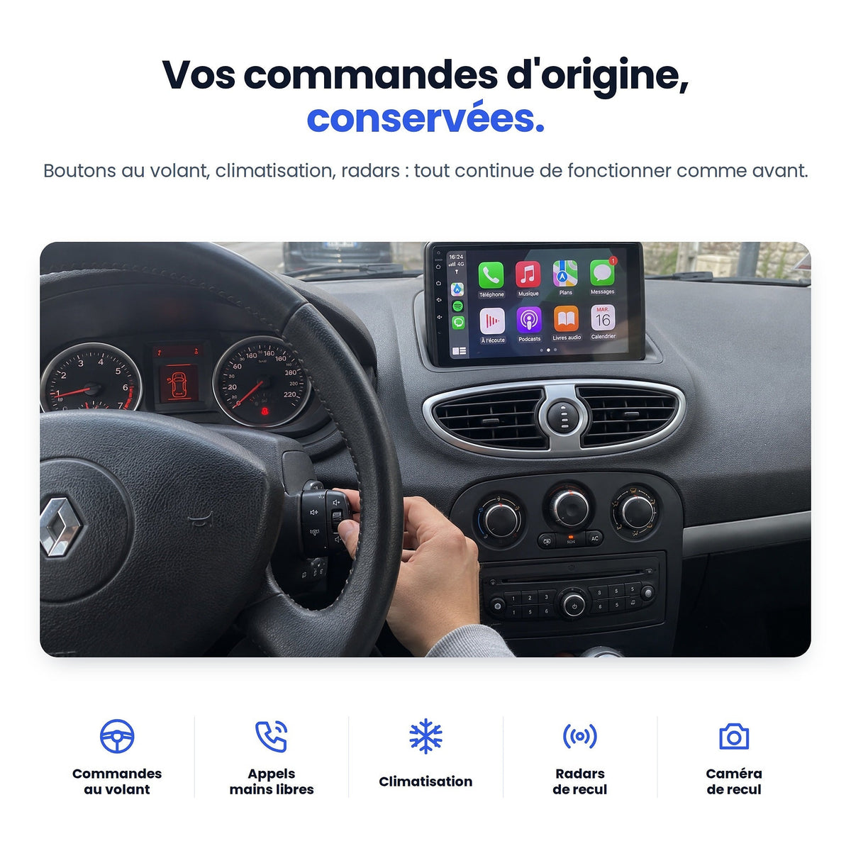 Renault Clio 3 : commandes au volant, climatisation et radars d'origine conservés