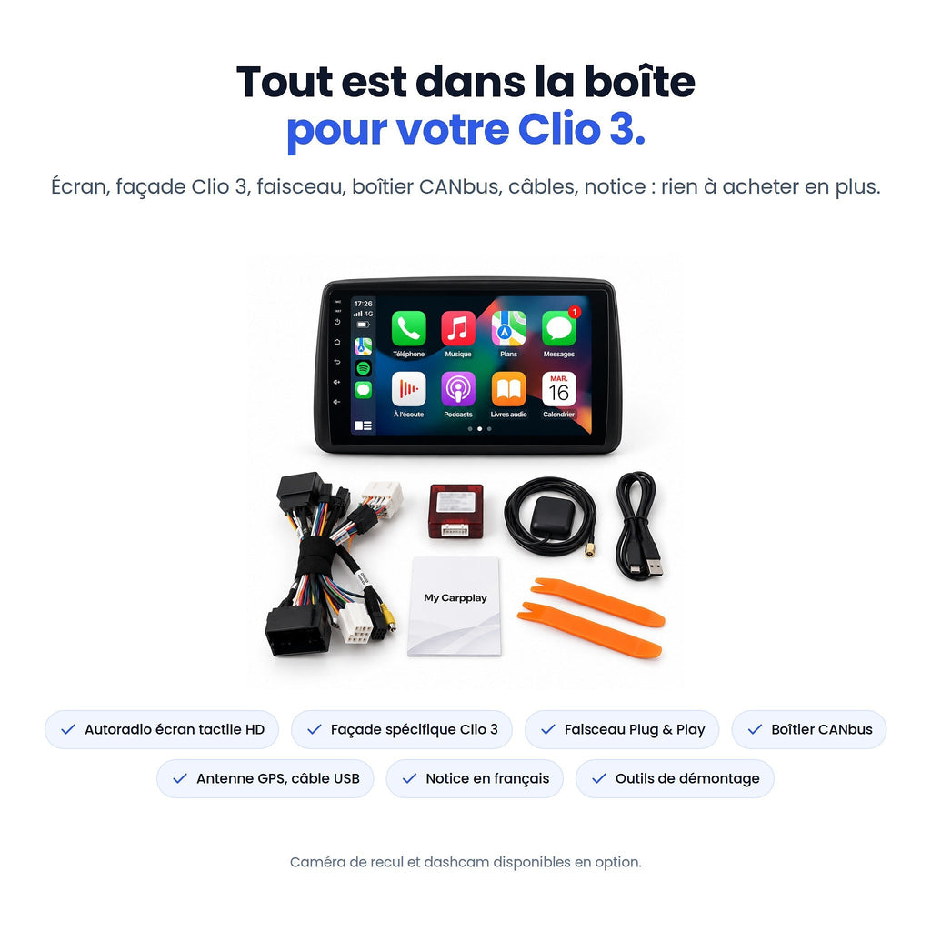 Contenu du kit CarPlay Renault Clio 3 : écran, façade, faisceau, boîtier CANbus, antenne GPS, outils