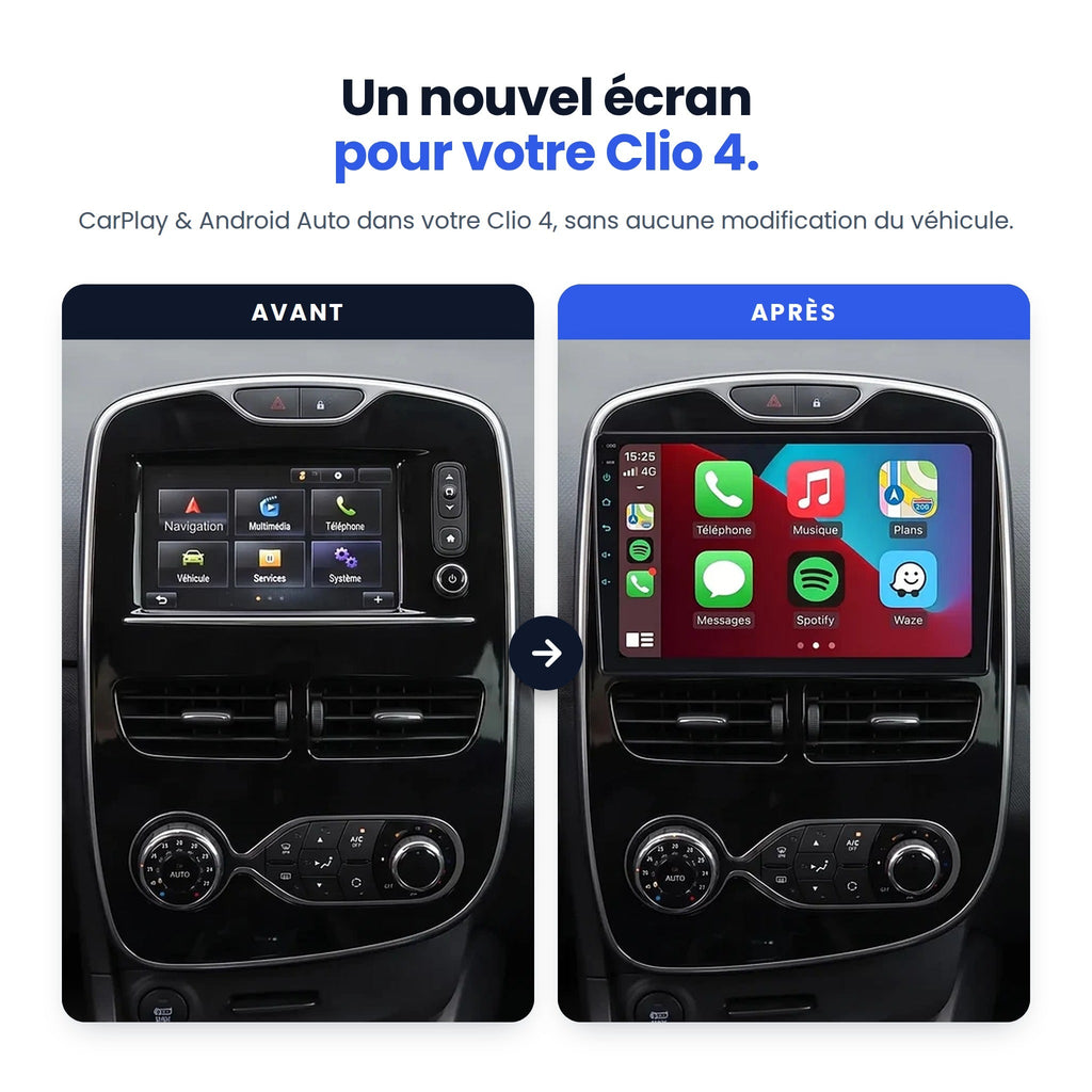 Avant / après : autoradio d'origine remplacé par l'écran CarPlay dans une Renault Clio 4