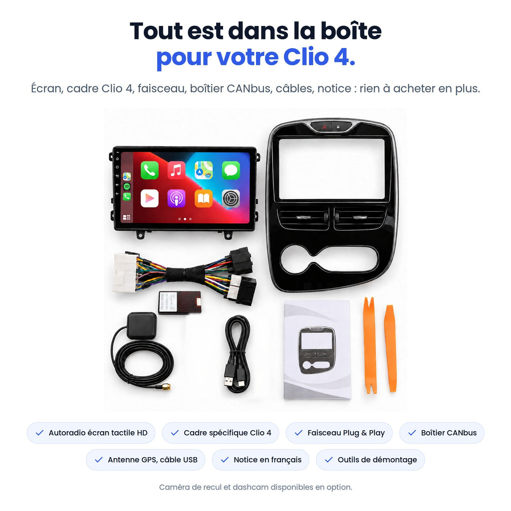 Tout est dans la boîte pour votre Clio 4 : écran, cadre, faisceau Plug & Play, boîtier CANbus, antenne GPS, câble USB, notice, outils