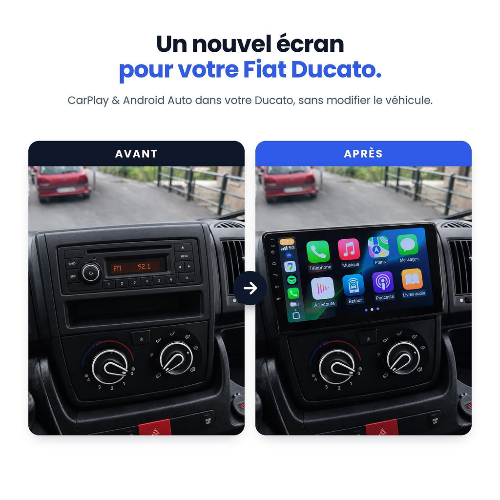 Fiat Ducato avant / après : autoradio d'origine remplacé par un écran CarPlay et Android Auto