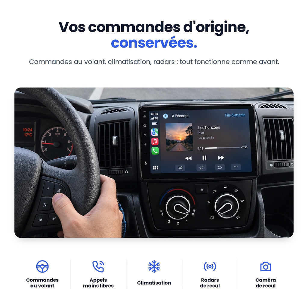 Fiat Ducato : commandes au volant, climatisation et radars d'origine conservés