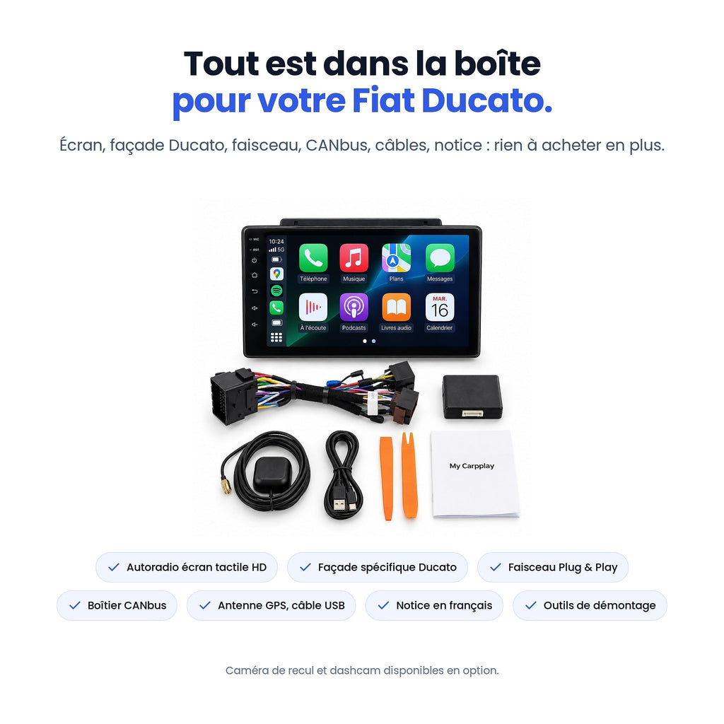 Contenu du kit CarPlay Fiat Ducato : écran, façade, faisceau, boîtier CANbus, antenne GPS, outils