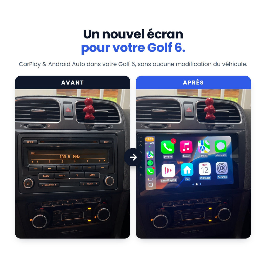 Avant / après : autoradio d'origine RCD 310 remplacé par l'écran CarPlay 9 pouces dans une Volkswagen Golf 6