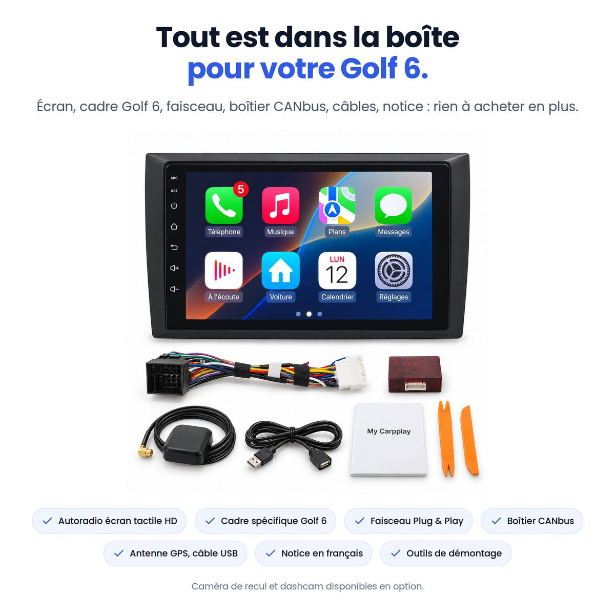 Tout est dans la boîte pour votre Golf 6 : écran avec façade Golf 6, faisceau Plug & Play, boîtier CANbus, antenne GPS, câble USB, notice, outils
