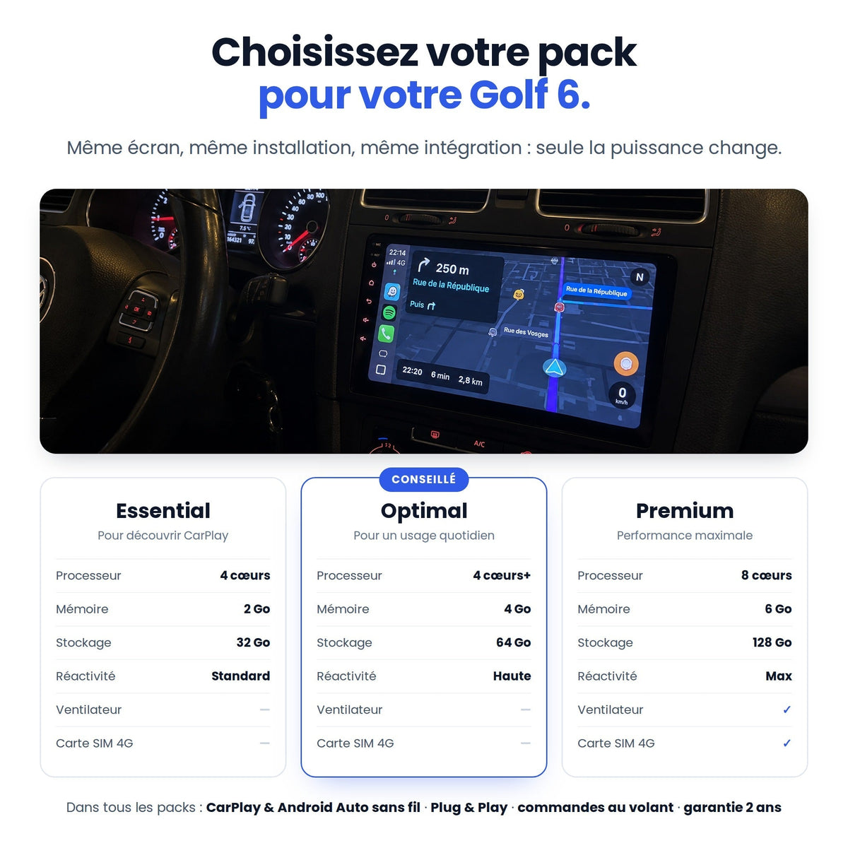 Choisissez votre pack Golf 6 : Essential, Optimal (conseillé) ou Premium — comparatif processeur, mémoire, stockage