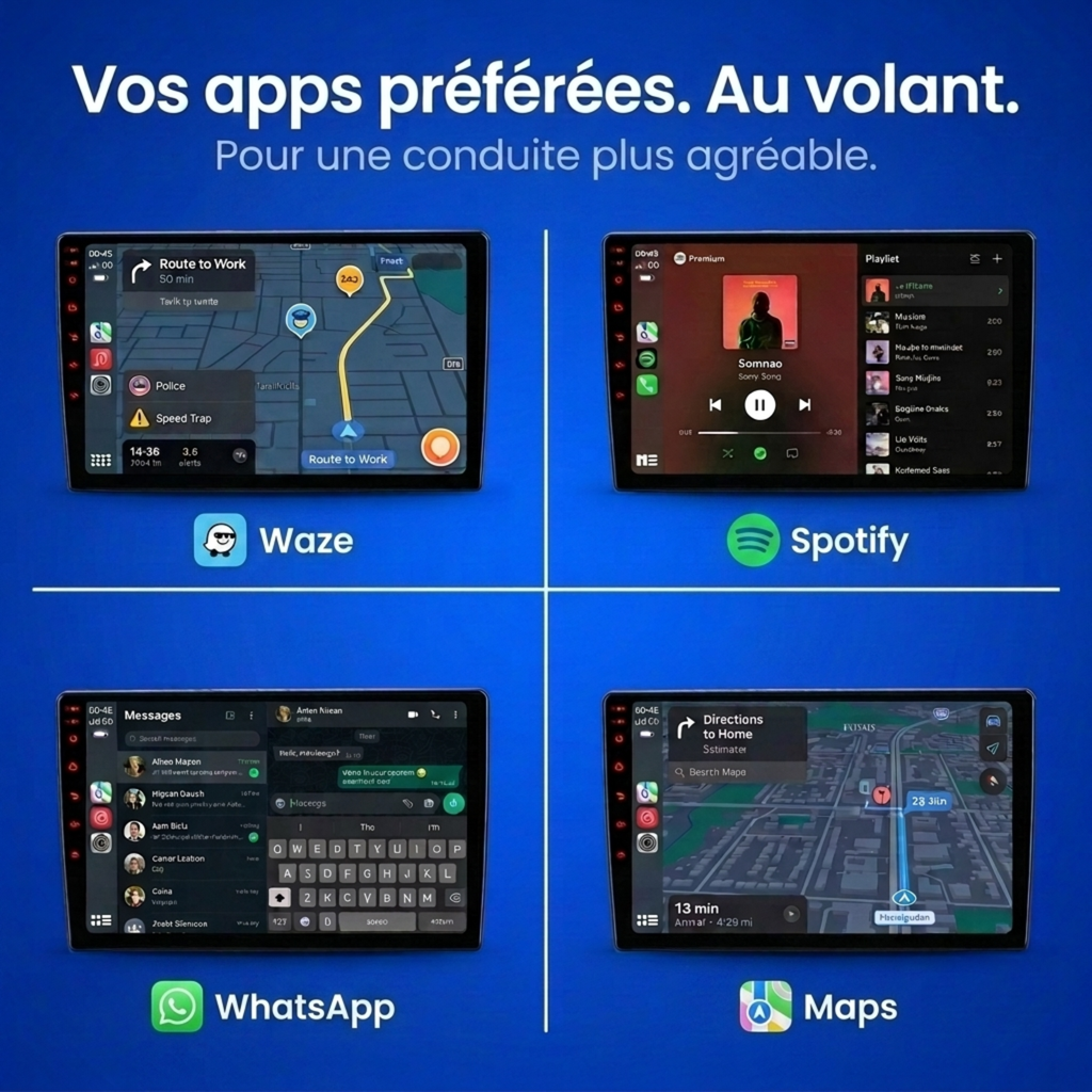 Apps CarPlay et Android Auto compatibles : Waze, Spotify, WhatsApp, Apple Maps
