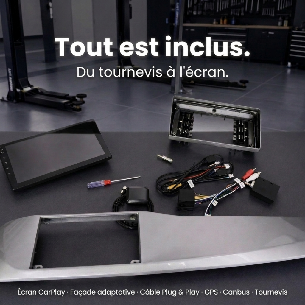 Pack contenu complet : écran CarPlay, faisceau, cadre, outils inclus