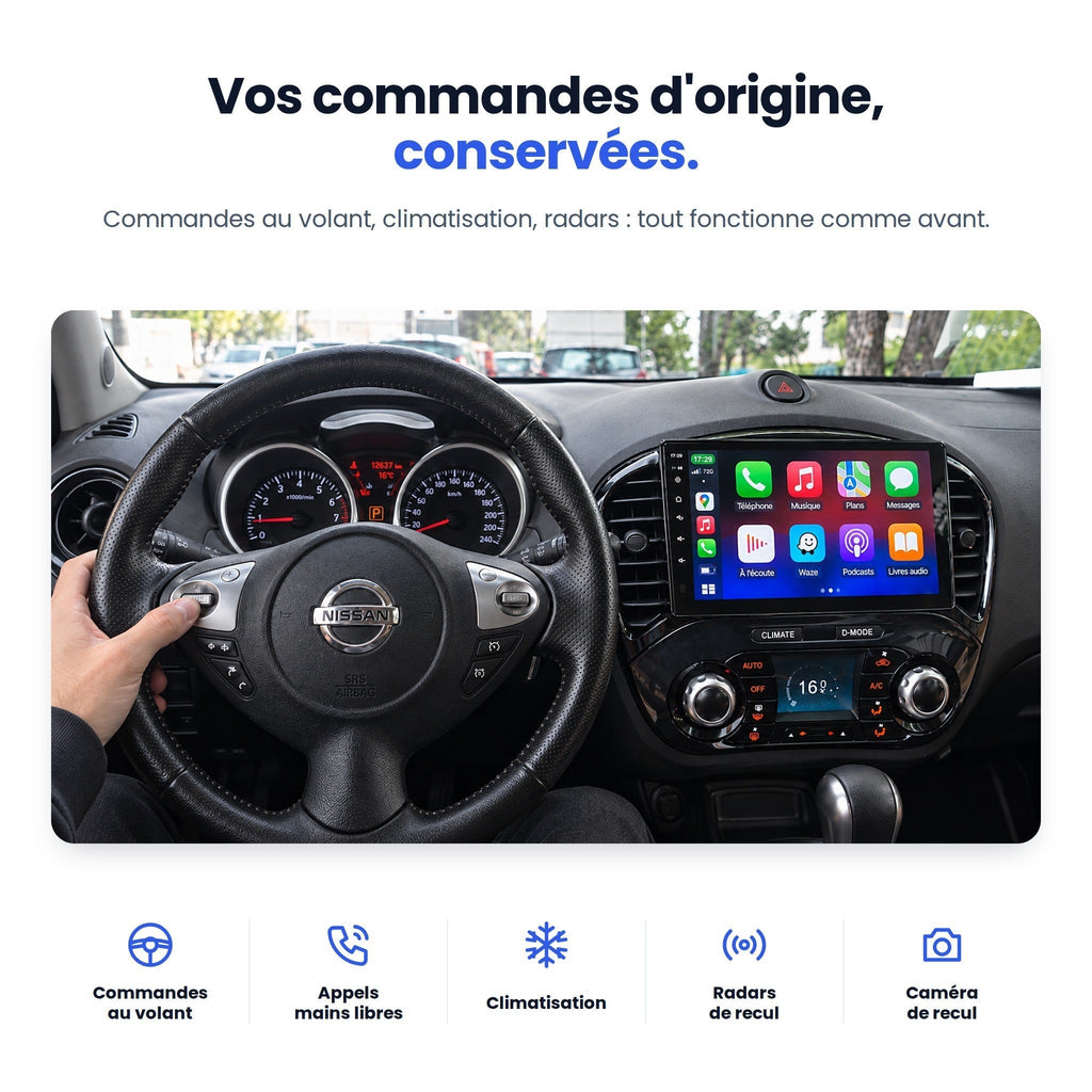 Commandes au volant d'origine du Nissan Juke conservées avec l'écran CarPlay