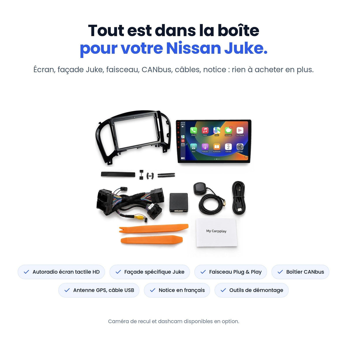 Contenu du kit CarPlay Nissan Juke : écran, façade Juke, faisceau, CANbus, antenne GPS