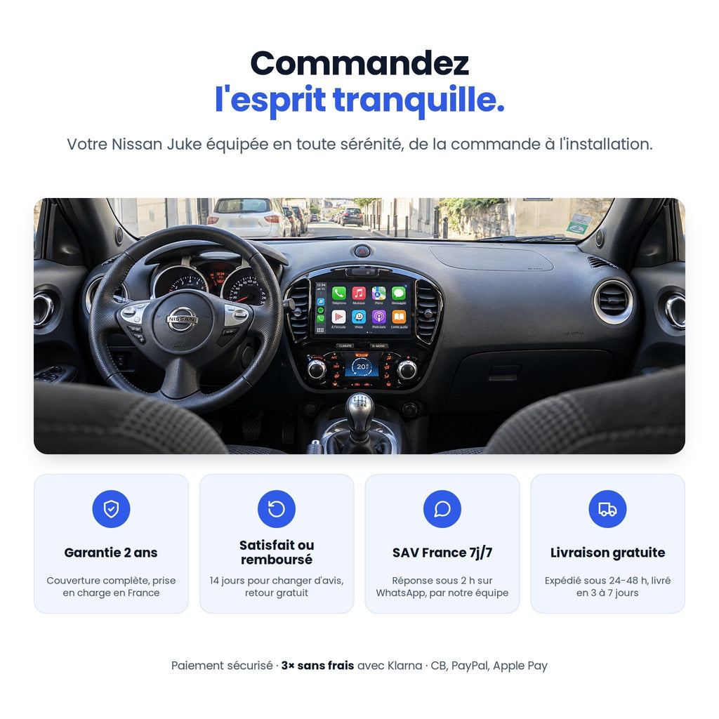 Garantie 2 ans, SAV France, livraison gratuite pour l'autoradio CarPlay Nissan Juke