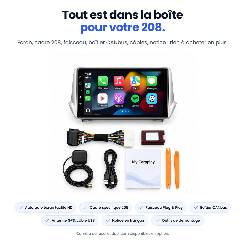 Tout est dans la boîte pour votre 208 : écran avec cadre 208, faisceau Plug & Play, boîtier CANbus, antenne GPS, câble USB, notice, outils