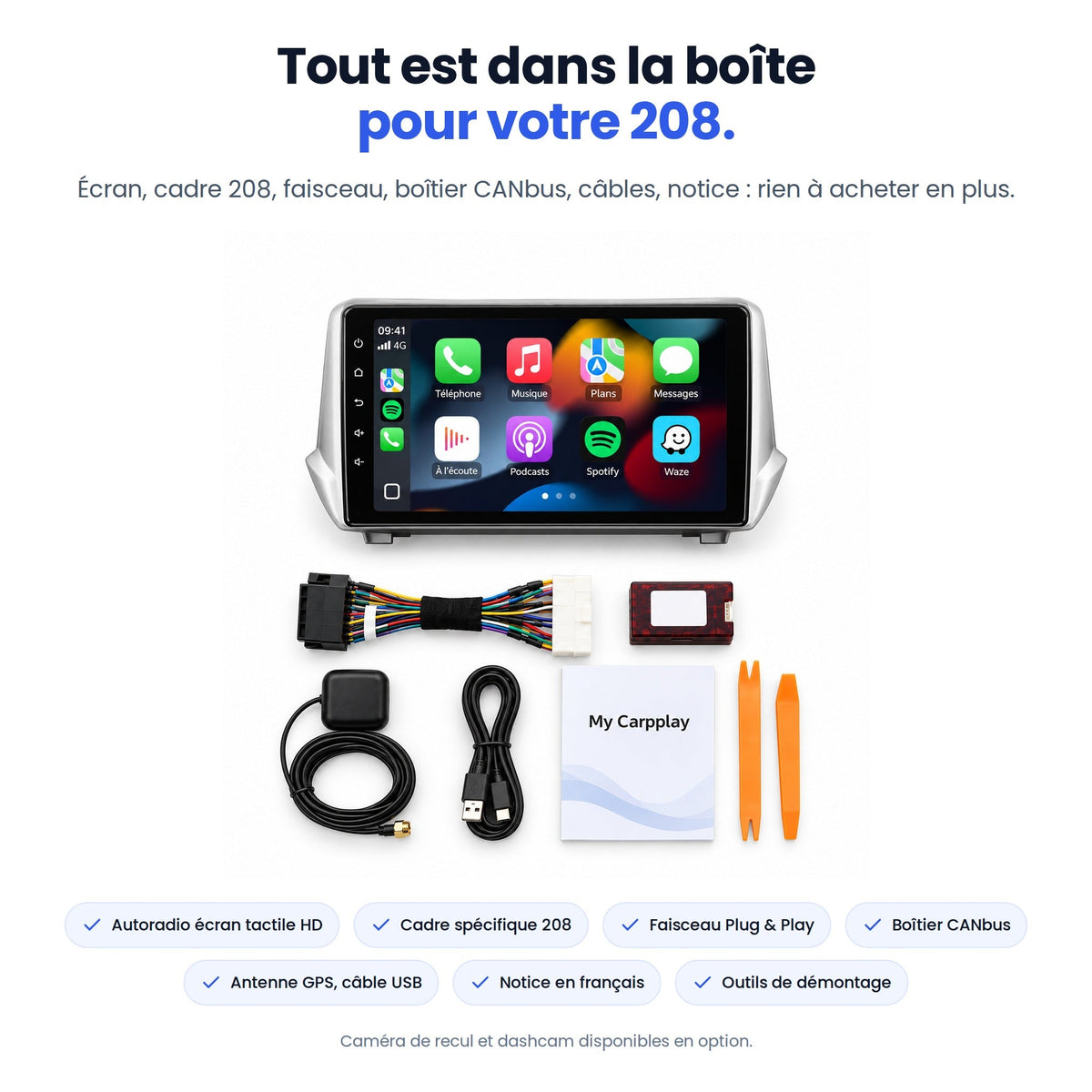 Tout est dans la boîte pour votre 208 : écran avec cadre 208, faisceau Plug & Play, boîtier CANbus, antenne GPS, câble USB, notice, outils