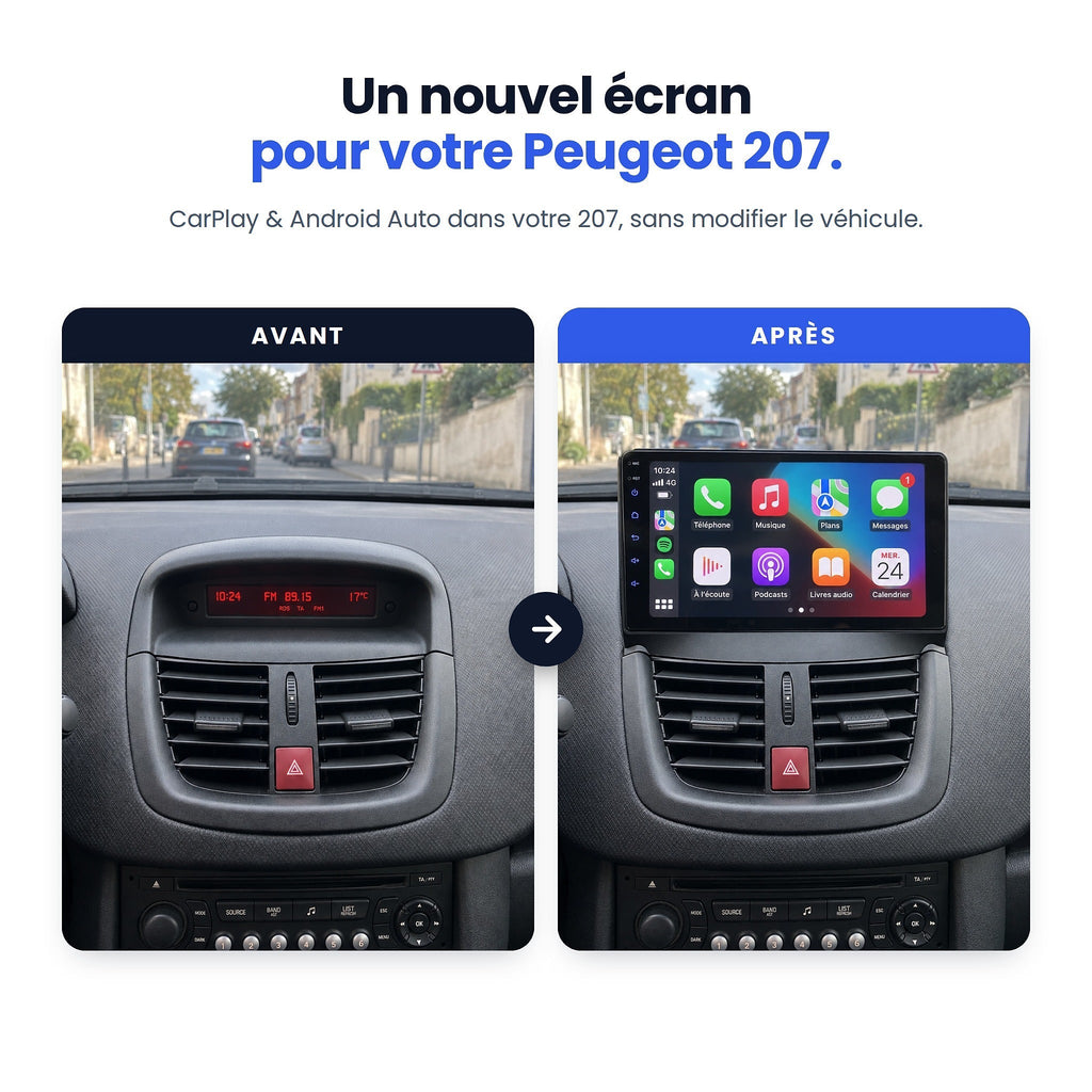 Peugeot 207 avant / après : afficheur d'origine remplacé par un écran CarPlay et Android Auto
