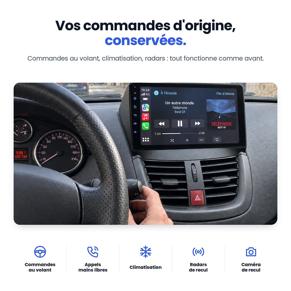 Peugeot 207 : commandes au volant, climatisation et radars d'origine conservés