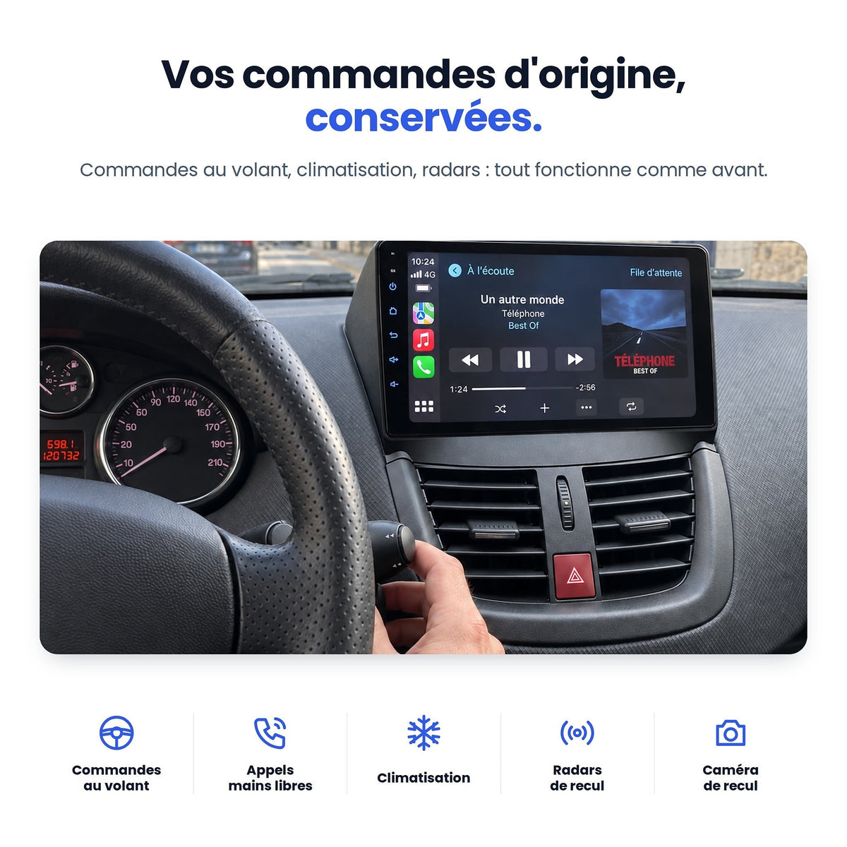 Peugeot 207 : commandes au volant, climatisation et radars d'origine conservés