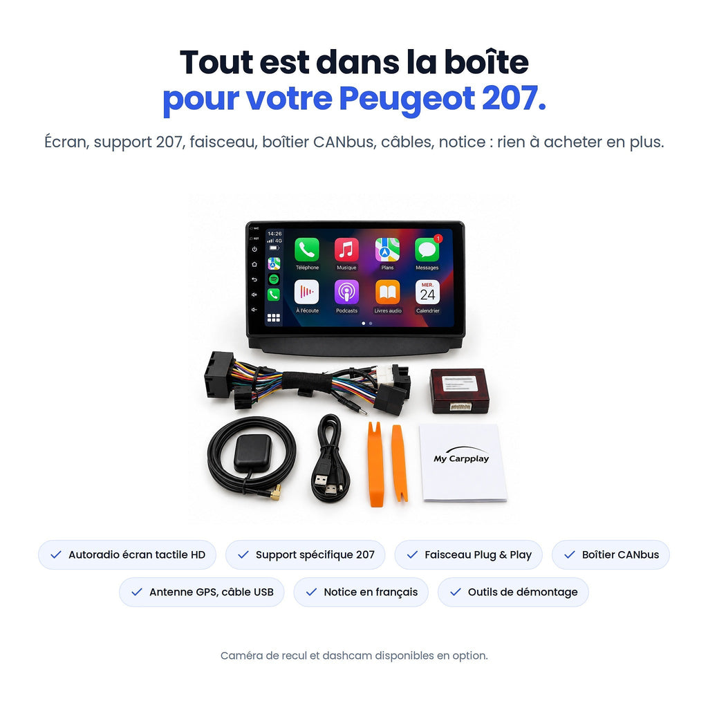 Contenu du kit CarPlay Peugeot 207 : écran, support, faisceau, boîtier CANbus, antenne GPS, outils