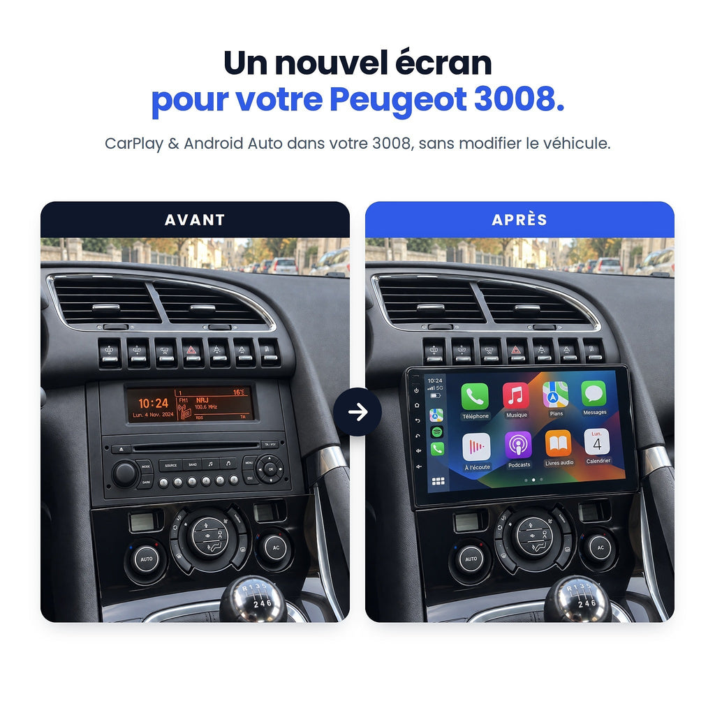 Peugeot 3008 avant / après : autoradio d'origine remplacé par un écran CarPlay et Android Auto