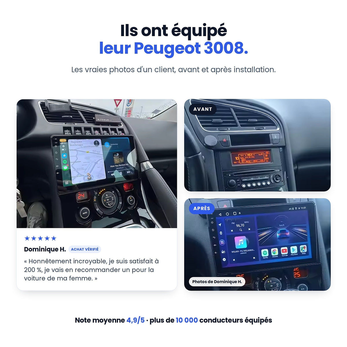 Avis client vérifié : Peugeot 3008 équipée de l'autoradio CarPlay My Carpplay, photos avant / après