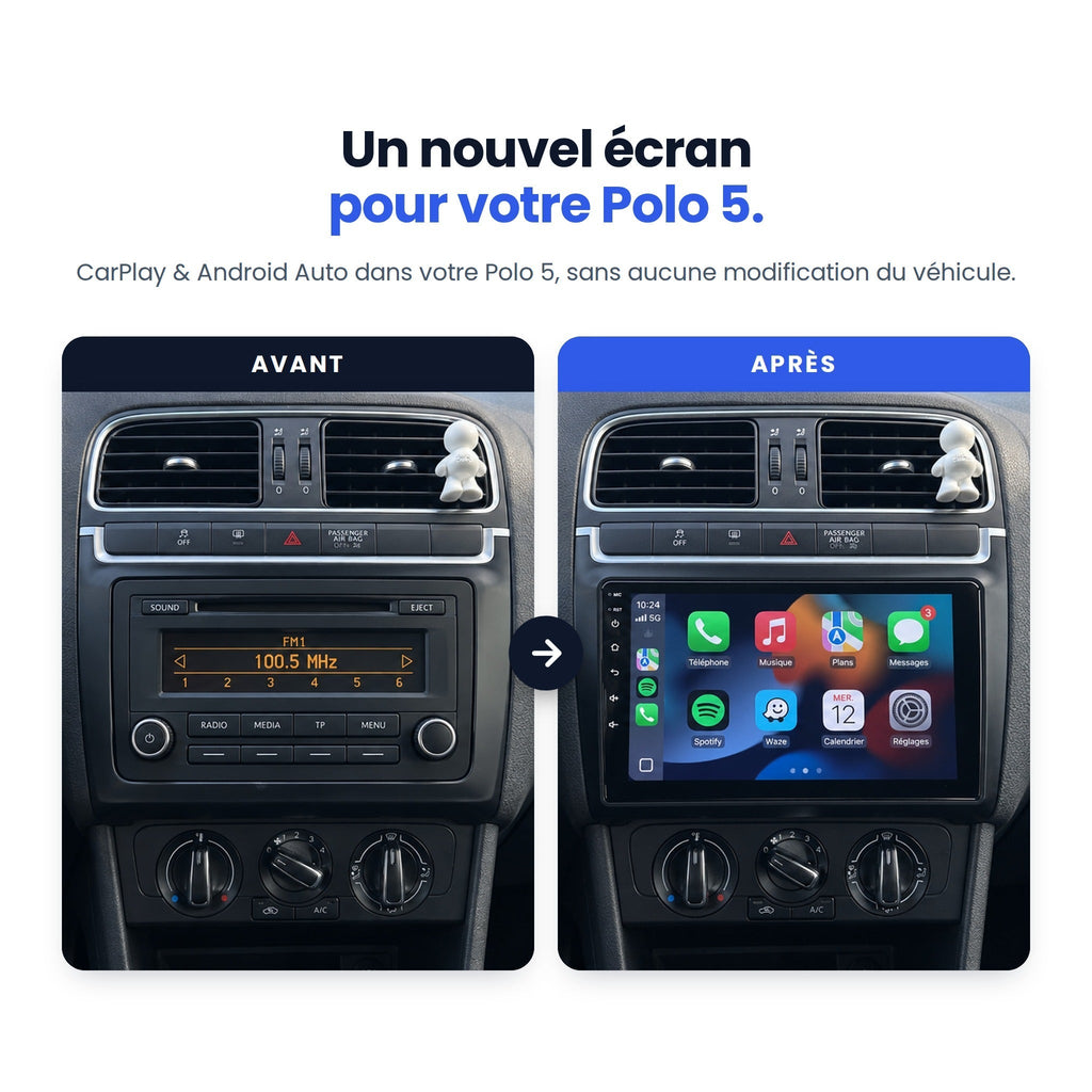 Avant / après : autoradio d'origine RCD 310 remplacé par l'écran CarPlay 9 pouces dans une Volkswagen Polo 5