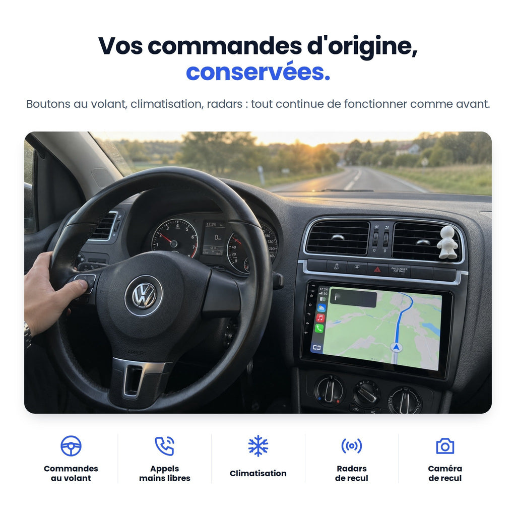 Commandes au volant, climatisation et radars conservés dans la Volkswagen Polo 5