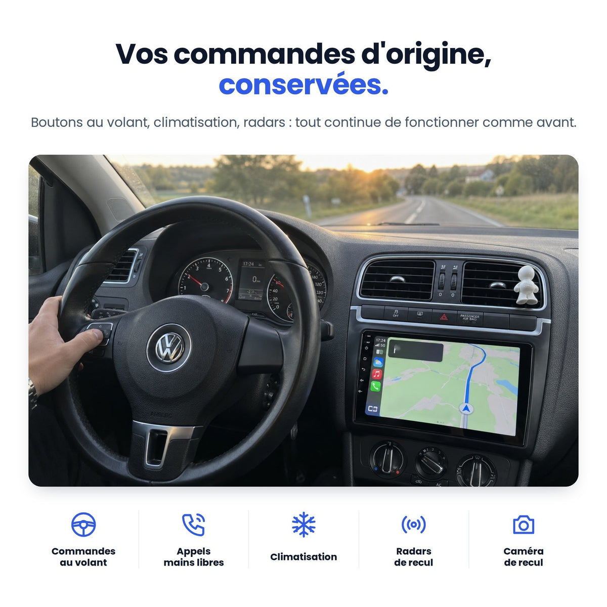 Commandes au volant, climatisation et radars conservés dans la Volkswagen Polo 5