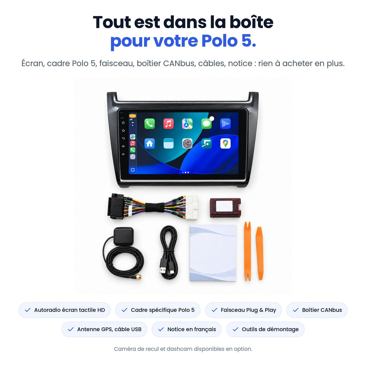 Tout est dans la boîte pour votre Polo 5 : écran avec façade Polo 5, faisceau Plug & Play, boîtier CANbus, antenne GPS, câble USB, notice, outils