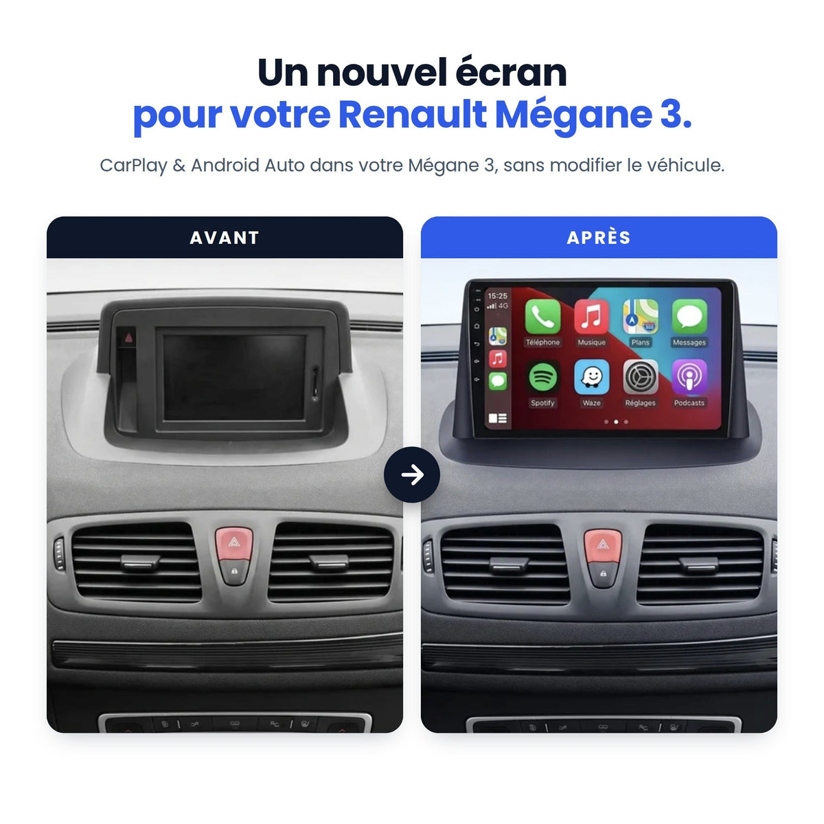Avant et après l'installation de l'autoradio CarPlay sur Renault Mégane 3