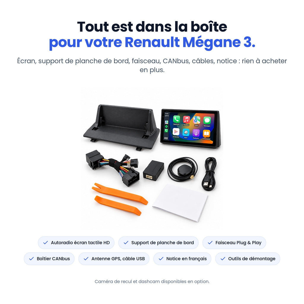 Contenu du kit autoradio CarPlay Renault Mégane 3 : écran, support, faisceau, CANbus