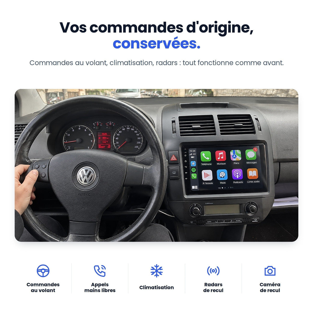 Commandes au volant d'origine de la VW Polo 4 conservées avec l'écran CarPlay