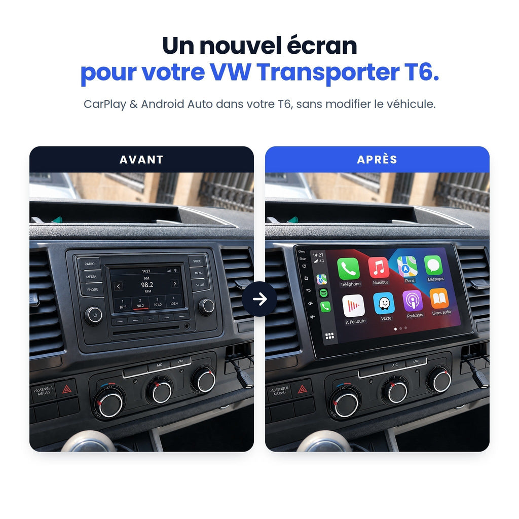 VW Transporter T6 avant et après : autoradio d'origine remplacé par un écran CarPlay