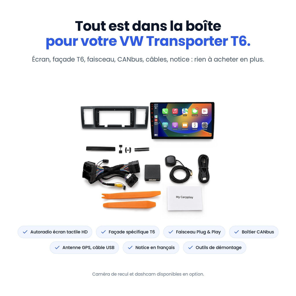 Contenu du kit CarPlay VW Transporter T6 : écran, façade T6, faisceau, CANbus, antenne GPS