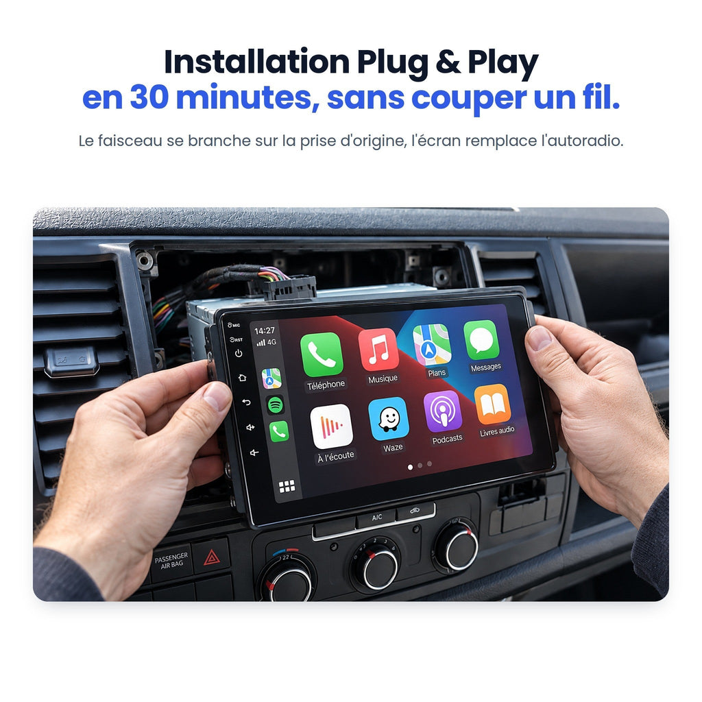 Installation Plug & Play de l'autoradio CarPlay dans un VW Transporter T6, sans couper de fil