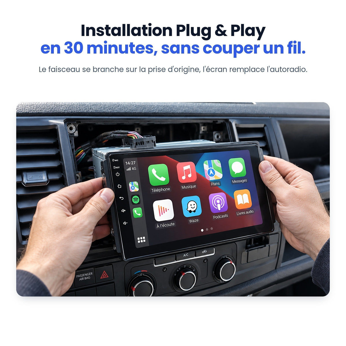Installation Plug & Play de l'autoradio CarPlay dans un VW Transporter T6, sans couper de fil